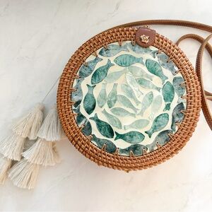 Anthropologie Woven Brown Wicker Fish/Shell Crossbody Bag with Tassels Details